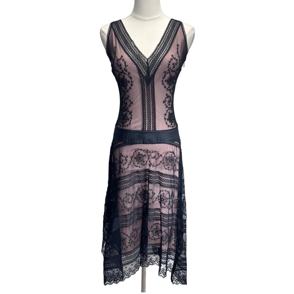 BCBGMAXAZRIA Whimsigoth Fairy Midi Dress Pink Black Lace Romantic Asymmetrical 2